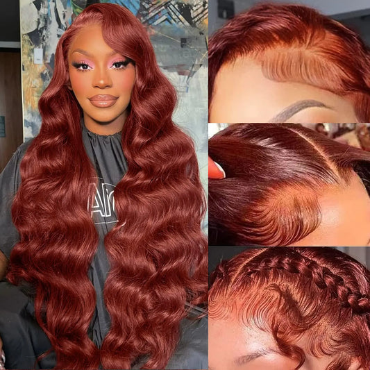 22” Reddish Brown Body Wave Lace Front Wig – 13x4 HD Lace, Pre-Plucked, Glueless, 100% Human Hair (Auburn Color)