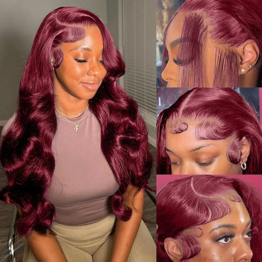 ABBETEY 26inch Burgundy Lace Front Wigs Human Hair 13x6 HD Lace Front Wigs Human Hair Pre Plucked with Baby Hair 180% Density Body Wave 99j Colored Frontal Wigs
