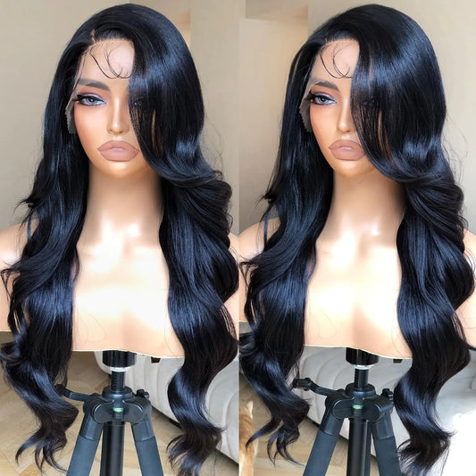 BrownBomb Bombshell Body Wave Wig Synthetic Lace Front Wig Pre Plucked Glueless Ready to Wear 13X5X1 Side Part HD Lace Wigs for Women 24inch 1B Jet Black Wig Human Hair Luster